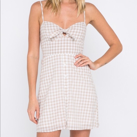 LAST ONE Sahara Gingham Print Tie Dress in Sand - Picture 2 of 7